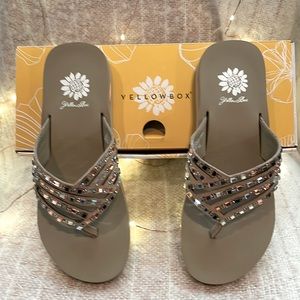Yellow Box sz6.5 beaded sandals taupe Heram NEW in original box
